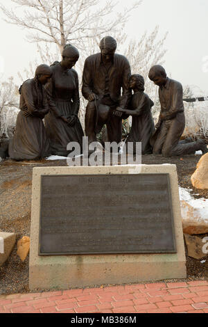 La fin du voyage statue, c'est la Place Heritage Park, lieu historique national pionnier Mormon Trail, Salt Lake City, Utah Banque D'Images