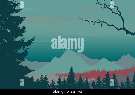 Forêt de conifères du paysage de montagne sous ciel de nuit - vector Illustration de Vecteur