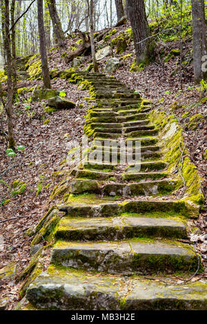 L'ancien escalier de pierre couvert de mousse de la colline à Tishomingo State Park dans le Mississippi. Banque D'Images