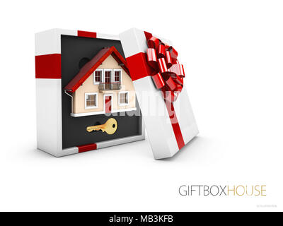 Modèle d'une chambre en boite cadeau avec ruban rouge, 3d illustration Banque D'Images