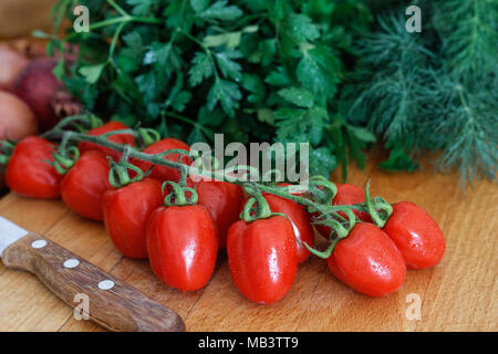 Plant de tomates raisins sur planche en bois à côté d'un couteau de cuisine et de l'aneth et le persil. Banque D'Images