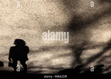 Silhouette brillante floue ombre d'une jeune femme avec un sac à main et deux autres personnes à pied sur route asphaltée en noir et blanc Banque D'Images