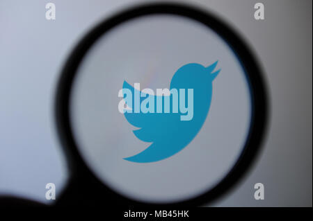 Le logo Twitter vu à travers une loupe Banque D'Images