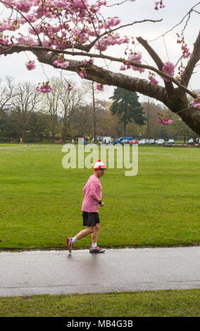 Poole, Dorset, Royaume-Uni. 7 avril 2018. Où est Wally Poole Park Run. Poole Park Run fêtez leur 7e anniversaire avec une course sur le thème Where's Wally. Le temps humide n'a pas dissuadé Wally ! Où est Wally où est Wally où est Wally ? Où est Wally? Crédit : Carolyn Jenkins/Alay Live News Banque D'Images