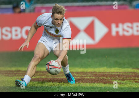 Hong Kong, Chine. 07Th avr, 2018. Tournoi de rugby à 7 à Hong Kong entre le 05 et 08 avril 2018, les quarts de finale, l'Allemagne contre l'Ouganda : essayez par Tim Lichtenberg (Allemagne, 12). Credit : Juergen Kessler/Kessler-Sportfotografie/dpa/Alamy Live News Banque D'Images