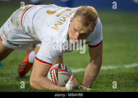 Hong Kong, Chine. 07Th avr, 2018. Tournoi de rugby à 7 à Hong Kong entre le 05 et 08 avril 2018, les quarts de finale, l'Allemagne contre l'Ouganda : essayez par Sebastian Fromm (Allemagne, 5). Credit : Juergen Kessler/Kessler-Sportfotografie/dpa/Alamy Live News Banque D'Images