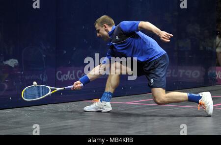 Alan Clyne (SCO). Mens des célibataires quart de finale. Le Squash. XXI Jeux du Commonwealth. Oxenford studios. Côte d'or 2018. Le Queensland. L'Australie. 07/04/2018. Banque D'Images