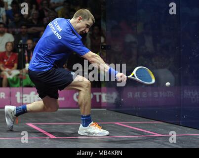 Alan Clyne (SCO). Mens des célibataires quart de finale. Le Squash. XXI Jeux du Commonwealth. Oxenford studios. Côte d'or 2018. Le Queensland. L'Australie. 07/04/2018. Banque D'Images