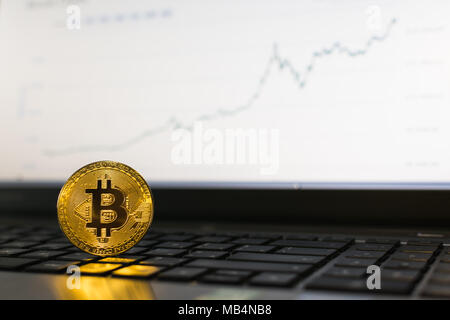 Pièce cryptocurrency Bitcoin debout sur un clavier d'ordinateur portable avec l'arrière-plan flou sur carte (ascendant) Banque D'Images