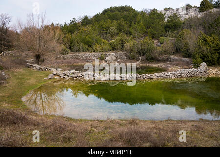 De petits étangs d'eau pour les moutons au printemps près de Lubenice, Cres Croatie Banque D'Images