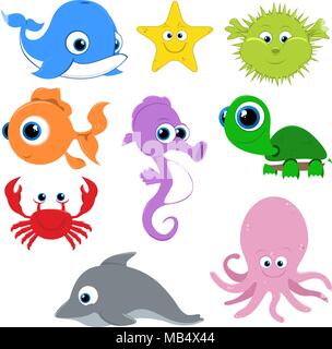 Diverses illustrations vectorielles de créatures marines à heureux. Chaque illustration utilise pour déterminer la couleur globale de commutation facilement la couleur d'un animal Illustration de Vecteur