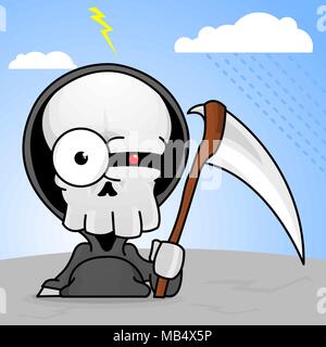 Un peu cartoon Grim Reaper avec une faux et un œil rouge sombre. Illustration de Vecteur