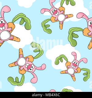 Un modèle transparent avec un emblème de lapin et carotte vole dans le ciel avec les nuages. Illustration de Vecteur