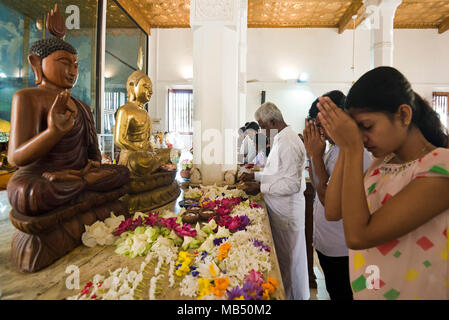 Portrait horizontal de personnes priaient à l'autel de Jaya Sri Maha Bodhi dans Anuradhapura, Sri Lanka. Banque D'Images