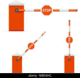 Ouvert et fermé la barrière voiture vecteur défini isolé sur fond blanc. Voiture à rayures rouge et blanc avec barrière Stop Illustration de Vecteur