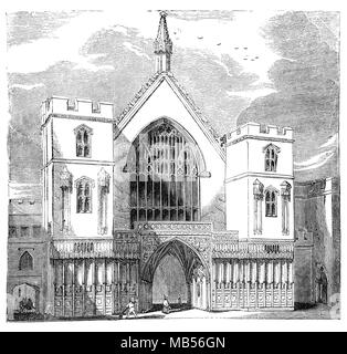 L'entrée originale de Westminster Hall à Londres et construit en 1097 et achevé en 1099, sur l'ordre de Guillaume Le Roux, fils de Guillaume le Conquérant. Sa forme actuelle, cependant, a vu le jour autour de 1399, en vertu de la rénovation de Richard II. Il reste peu de William Rufus' Hall, qui a été construite dans le style roman, bien que les murs et les fenêtres demeurent. Banque D'Images