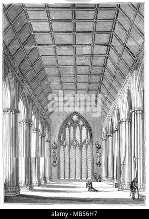 La chapelle restaurée St Stephen's ruines, après l'incendie qui a détruit le Palais de Westminster le 16 octobre 1834. Dispersés dans la chapelle sont des morceaux de la maçonnerie de la maison détruite des Communes (anciennement St Stephen's Chapel) ci-dessus. Banque D'Images