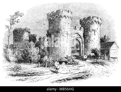 Refroidissement ou Cowling Castle est un 14e siècle château quadrangulaire dans le village de refroidissement, Kent sur la péninsule de Hoo près de Rochester. Il a été construit dans les années 1380 par la famille de Cobham, les Lords of the Manor, à la zone de protection contre les raids français dans l''estuaire de la Tamise. Le château a une disposition inhabituelle, comprenant deux salles de taille différente fortifiée à côté de l'autre, entouré de douves et fossés. Il fut le premier château anglais conçu pour l'usage de la poudre des armes par ses défenseurs. Banque D'Images