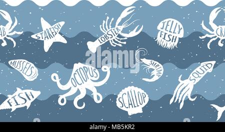 Schéma de répétition horizontale avec les produits de la mer. Fruits de mer sous-marine avec la bannière sans animaux. Tile design pour restaurant, poissons de l'industrie de l'alimentation o Illustration de Vecteur