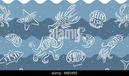 Schéma de répétition horizontale avec les produits de la mer. Fruits de mer sous-marine avec la bannière sans animaux. Tile design pour restaurant, poissons de l'industrie de l'alimentation o Illustration de Vecteur