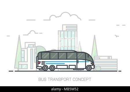 Sites touristiques autobus blanc de la conduite sur autoroute. Contexte urbain, des gratte-ciel et de bâtiments. Bus voyage concept avec fond blanc. Ligne moderne vector illu Illustration de Vecteur