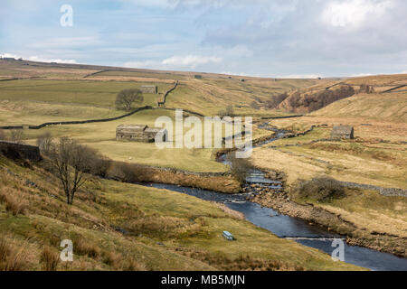 Belle vue panoramique sur la vallée de Swaledale la B6270 près de Keld, Yorkshire Dales, UK Banque D'Images