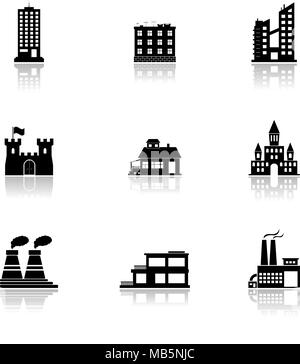 Les bâtiments et les usines noir Vector icons set on white Illustration de Vecteur