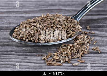 Close-up of aromatic caraways sur bois. Carum carvi. Tas de graines de cumin séché sur cuillère inoxydable partiellement renversé sur fond ocre brun harmonique. Banque D'Images