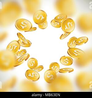 Pièces d'or illustration réaliste sur l'assainissement de l'arrière-plan. La chute de monnaie avec le signe du dollar. Le succès du concept de vecteur. Illustration de Vecteur