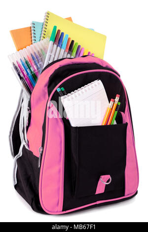 Sac d'école avec des fournitures scolaires Banque D'Images