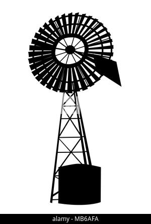 Silhouette d'Australian moulin sur un fond blanc avec réservoir d'eau Illustration de Vecteur