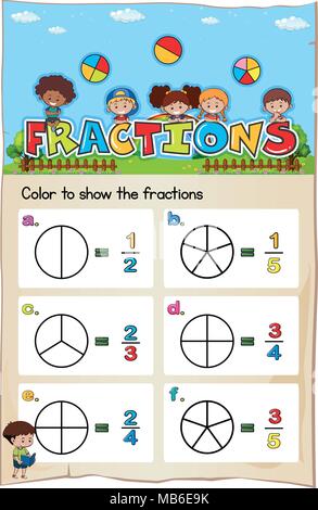 Modèle de feuille de travail de maths pour couleur la fraction illustration Illustration de Vecteur