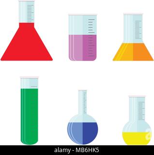 Équipements de produits chimiques toxiques et fluides. Le verre de laboratoire avec différentes couleurs de fond et fond plat, vector illustration Illustration de Vecteur