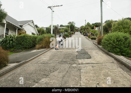 En poussant son ami mate dans un fauteuil roulant jusqu'Baldwin Street, la rue la plus raide du monde, Dunedin, Nouvelle-Zélande Banque D'Images