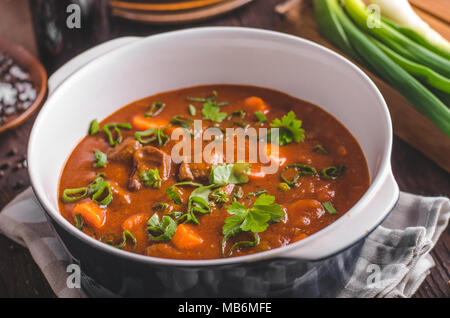 Ragoût de boeuf avec des carottes, de l'alimentation de la photographie, beaucoup d'herbes à l'intérieur de stew Banque D'Images