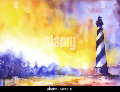 Fine art de l'aquarelle de Cape Hatteras lighthouse- Outer Banks, Caroline du Nord. Banque D'Images