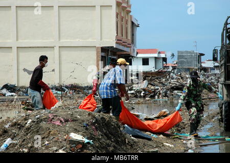 Banda Aceh, Indonésie - 1/17/2005 : l'armée indonésienne et les bénévoles du transport des cadavres lors du séisme et du tsunami de l'océan Indien 2004 Banque D'Images