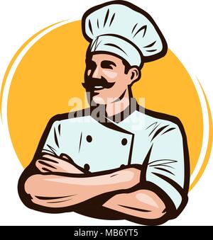 Chef cuisinier, logo ou label. Concept de restaurant. Cartoon vector illustration Illustration de Vecteur