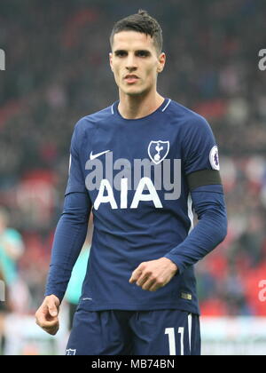 Stoke, UK. 7 avril 2018. Stoke, Staffordshire, Royaume-Uni. 7 avril, 2018. Erik Lamela à Tottenham Hotspur après le match à Stoke City. Crédit : Simon Newbury/Alamy Live News Banque D'Images