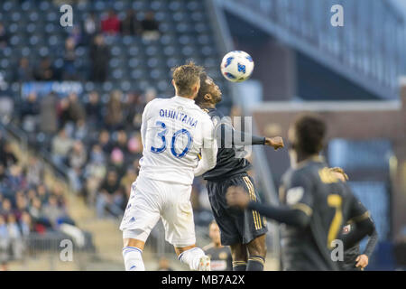 Chester, Pennsylvanie, USA. Apr 7, 2018. L'Union européenne (17) CJ SAPONG rivalise pour la balle contre San Jose's YEFERSON QUINTANA, (30), au stade de l'énergie Talen Chester Ohio Crédit : Ricky Fitchett/ZUMA/Alamy Fil Live News Banque D'Images