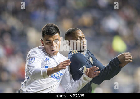 Chester, Pennsylvanie, USA. Apr 7, 2018. FAFA l'Union PICUALT (9) vie de la balle contre San Jose, au stade de l'énergie Talen Chester Ohio Crédit : Ricky Fitchett/ZUMA/Alamy Fil Live News Banque D'Images