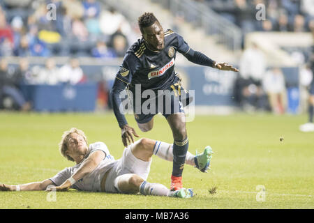 Chester, Pennsylvanie, USA. Apr 7, 2018. L'Union européenne (17) CJ SAPONG rivalise pour la balle contre San Jose, au stade de l'énergie Talen Chester Ohio Crédit : Ricky Fitchett/ZUMA/Alamy Fil Live News Banque D'Images