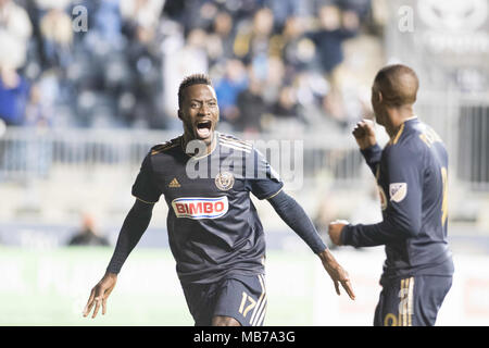 Chester, Pennsylvanie, USA. Apr 7, 2018. L'Union européenne (17) CJ SAPONG célèbre après avoir marqué un but contre San Jose, au stade de l'énergie Talen Chester Ohio Crédit : Ricky Fitchett/ZUMA/Alamy Fil Live News Banque D'Images