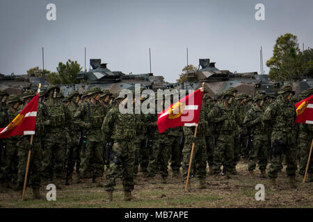 SASEBO, JAPON - 7 avril : Des soldats de la Force d'autodéfense japonaise (JGSDF), du nom de la Brigade d'intervention rapide amphibie assister à une cérémonie organisée au Camp Ainoura à Sasebo, préfecture de Nagasaki, Japon le 7 avril 2018. (Photo : Richard Atrero de Guzman/AFLO) Banque D'Images