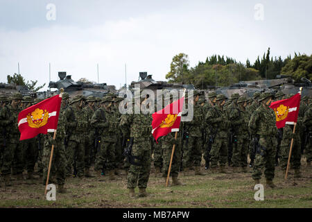 SASEBO, JAPON - 7 avril : Des soldats de la Force d'autodéfense japonaise (JGSDF), du nom de la Brigade d'intervention rapide amphibie assister à une cérémonie organisée au Camp Ainoura à Sasebo, préfecture de Nagasaki, Japon le 7 avril 2018. (Photo : Richard Atrero de Guzman/AFLO) Banque D'Images