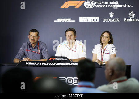 Conférence de presse. STEINER Guenther (ita), Team Principal Haas F1 Team, Zak BROWN (USA), directeur exécutif de Mclaren F1 Team, WILLIAMS Claire (GBR), Team Principal Adjoint, portrait au cours de 2018 Championnat du Monde FIA de Formule 1, Grand Prix de Bahreïn à Sakhir, du 5 avril au 8 dans le monde entier d'utilisation | Banque D'Images