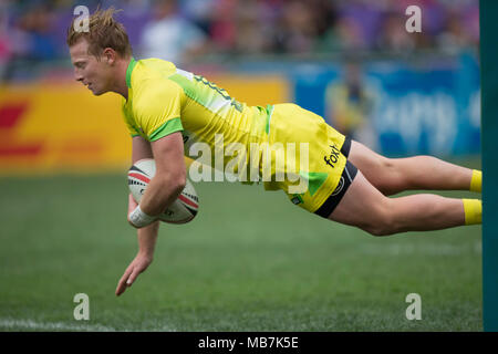 Hong Kong, Chine. 07Th avr, 2018. Tournoi de rugby à 7 à Hong Kong du 5 au 8 avril 2018, essayez de l'Australie par Lachie Miller - AUCUN FIL SERVICE - Crédit : Jürgen Keßler/dpa/Alamy Live News Banque D'Images