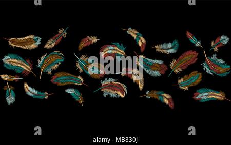 Plumes colorées frontière perméable de broderie blanche. Vêtements tribal Boho oiseau brodé indien classique. Conception du modèle à la mode vector illustration Illustration de Vecteur
