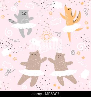 Les animaux de la danse ballet modèle homogène. Cute cartoon nature sauvage enfants kids bear cat fox dessin ballerine rose de caractères d'impression textile de l'élément de conception. Doodle vecteur illustration Illustration de Vecteur