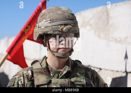 Le capitaine Christina Johnston, la Batterie B, 2e Bataillon, 44e d'artillerie de défense aérienne, est la deuxième femme à prendre le commandement de cette unité. Elle a dit qu'elle est fière de continuer sur l'héritage de l'intégration des femmes et leadership. Banque D'Images